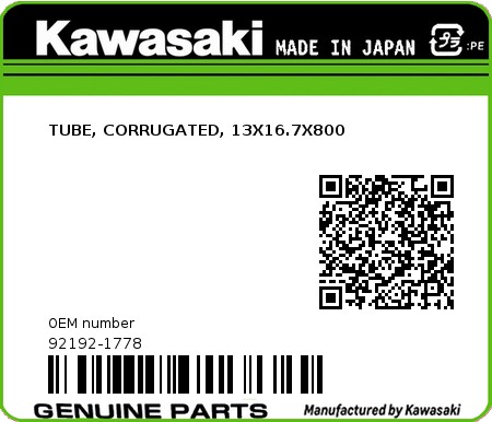 Product image: Kawasaki - 92192-1778 - TUBE, CORRUGATED, 13X16.7X800  0