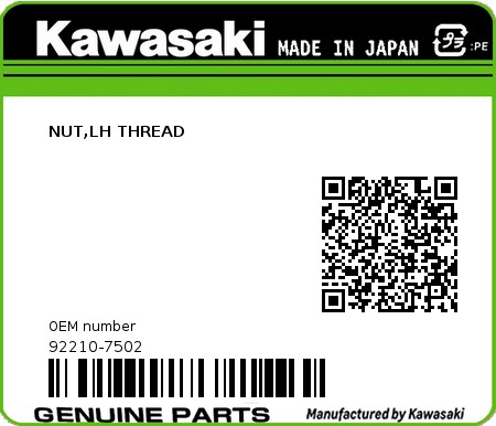 Product image: Kawasaki - 92210-7502 - NUT,LH THREAD  0
