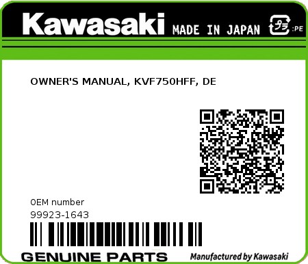 Product image: Kawasaki - 99923-1643 - OWNER'S MANUAL, KVF750HFF, DE  0