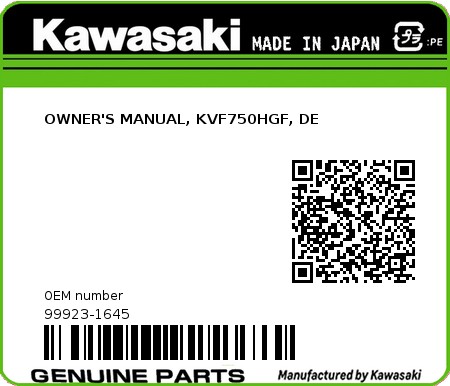 Product image: Kawasaki - 99923-1645 - OWNER'S MANUAL, KVF750HGF, DE  0