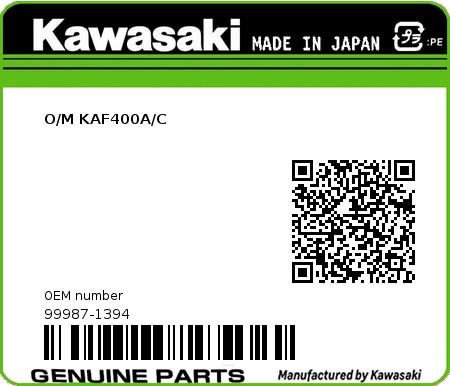 Product image: Kawasaki - 99987-1394 - O/M KAF400A/C  0