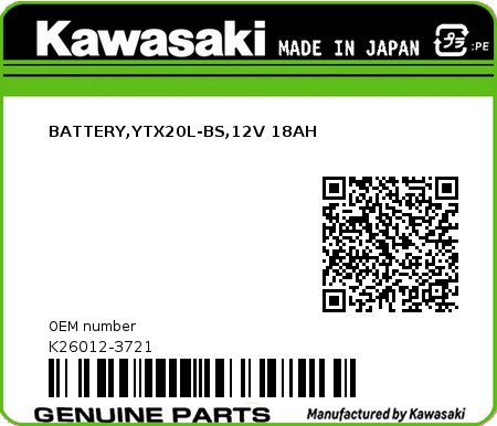 Product image: Kawasaki - K26012-3721 - BATTERY,YTX20L-BS,12V 18AH  0