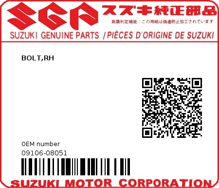 Product image: Suzuki - 09106-08051 - BOLT,RH          0