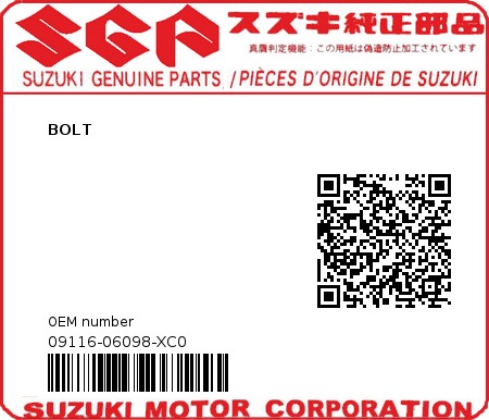 Product image: Suzuki - 09116-06098-XC0 - BOLT  0