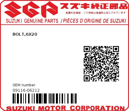 Product image: Suzuki - 09116-06212 - BOLT,6X20  0