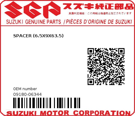 Product image: Suzuki - 09180-06344 - SPACER (6.5X9X63.5)          0