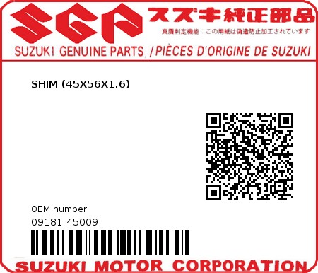 Product image: Suzuki - 09181-45009 - SHIM 45X56X1.6  0