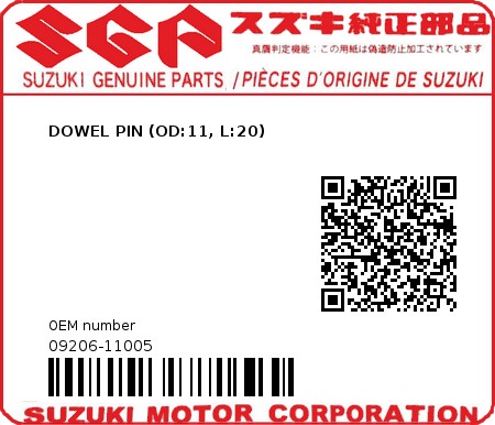Product image: Suzuki - 09206-11005 - DOWEL PIN (OD:11, L:20)  0
