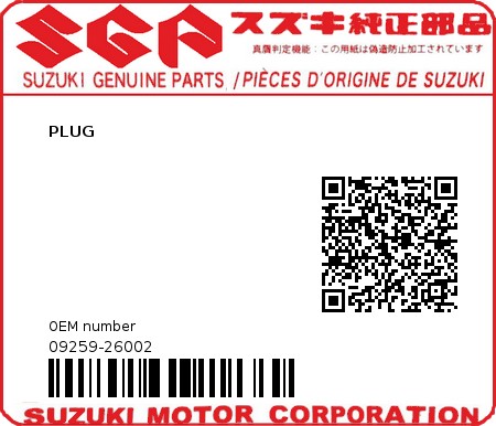 Product image: Suzuki - 09259-26002 - PLUG  0