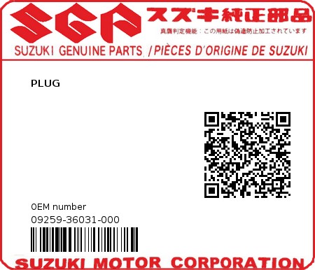 Product image: Suzuki - 09259-36031-000 - PLUG  0