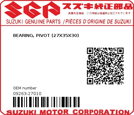 Product image: Suzuki - 09263-27010 - BEARING, PIVOT (27X35X30)          0