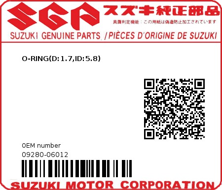 Product image: Suzuki - 09280-06012 - O RING,D:1.7,ID  0