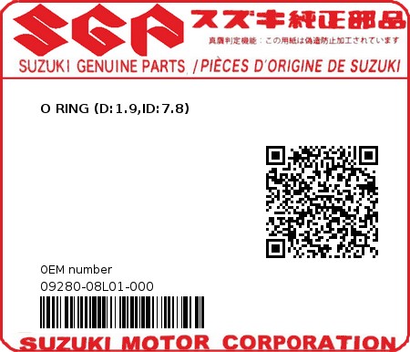 Product image: Suzuki - 09280-08L01-000 - O RING (D:1.9,ID:7.8)  0