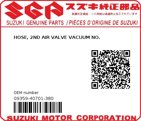 Product image: Suzuki - 09359-40701-380 - HOSE, 2ND AIR VALVE VACUUM NO.  0