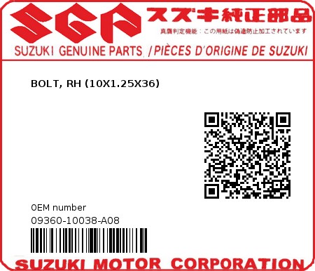 Product image: Suzuki - 09360-10038-A08 - BOLT, RH (10X1.25X36)  0