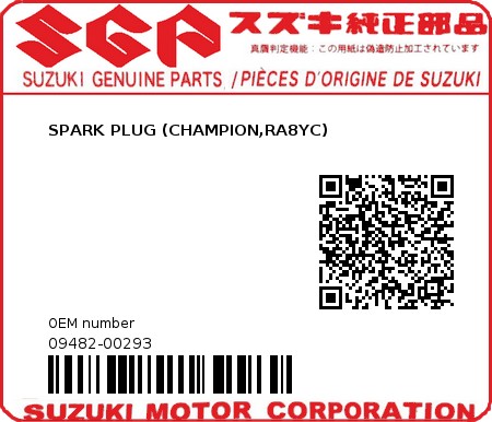 Product image: Suzuki - 09482-00293 - SPARK PLUG (CHAMPION,RA8YC)  0