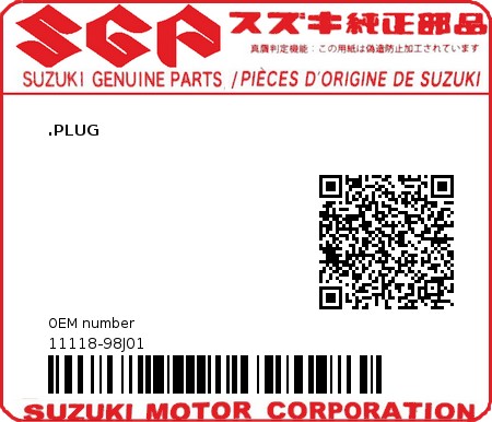 Product image: Suzuki - 11118-98J01 - .PLUG  0
