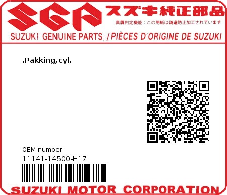 Product image: com.oemmotorparts.site.service.webshopapi.genericmodels.QProductBrand@4a656f82 - 11141-14500-H17 - .Pakking,cyl.  0