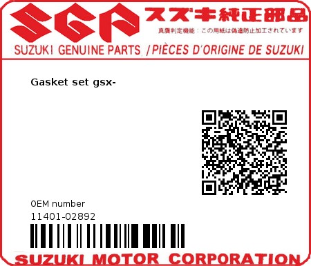 Product image: Suzuki - 11401-02892 - Gasket set gsx-  0