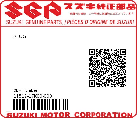 Product image: Suzuki - 11512-17K00-000 - PLUG  0