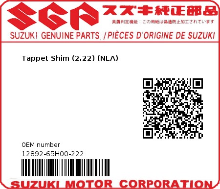 Product image: Suzuki - 12892-65H00-222 - Tappet Shim (2.22) (NLA)  0