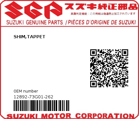 Product image: Suzuki - 12892-73G01-262 - SHIM,TAPPET  0