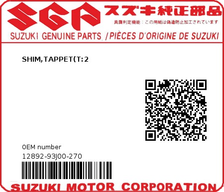 Product image: Suzuki - 12892-93J00-270 - SHIM,TAPPET(T:2  0