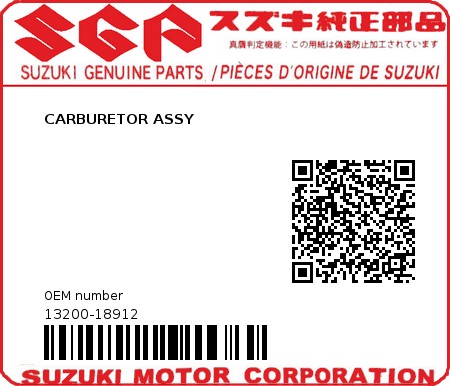 Product image: Suzuki - 13200-18912 - CARBURETOR ASSY          0