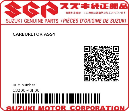 Product image: Suzuki - 13200-43F00 - CARBURETOR ASSY  0