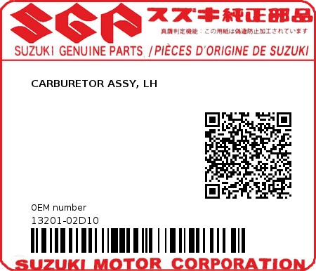 Product image: Suzuki - 13201-02D10 - CARBURETOR ASSY, LH  0