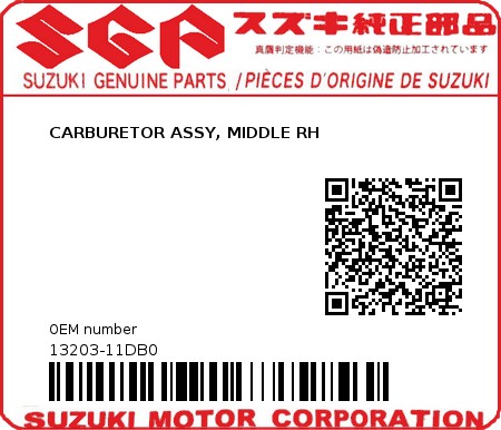 Product image: Suzuki - 13203-11DB0 - CARBURETOR ASSY, MIDDLE RH          0