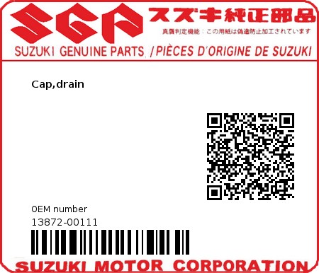 Product image: Suzuki - 13872-00111 - Cap,drain  0