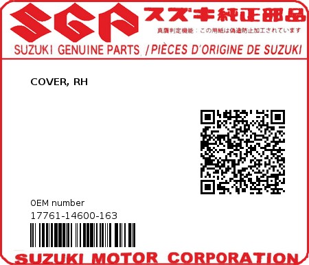 Product image: Suzuki - 17761-14600-163 - COVER, RH  0