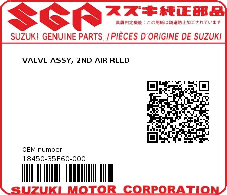 Product image: Suzuki - 18450-35F60-000 - VALVE ASSY, 2ND AIR REED  0