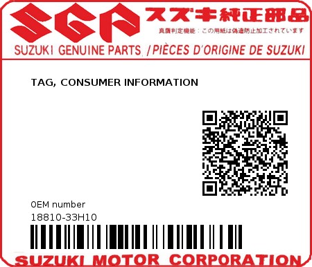 Product image: Suzuki - 18810-33H10 - TAG, CONSUMER INFORMATION  0