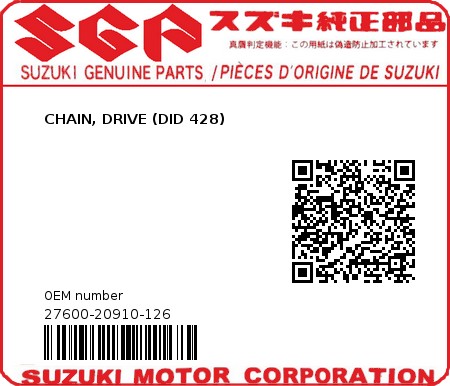 Product image: Suzuki - 27600-20910-126 - CHAIN, DRIVE (DID 428)  0