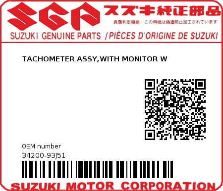 Product image: Suzuki - 34200-93J51 - TACHOMETER ASSY,WITH MONITOR W  0