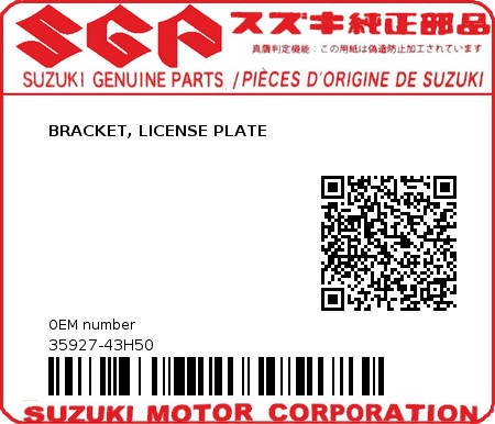 Product image: Suzuki - 35927-43H50 - BRACKET, LICENSE PLATE          0