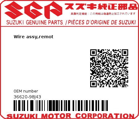 Product image: Suzuki - 36620-98J43 - Wire assy,remot  0