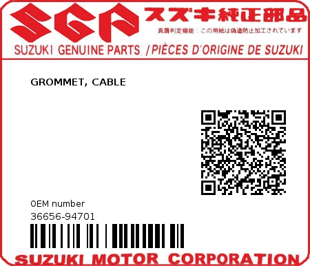 Product image: Suzuki - 36656-94701 - GROMMET, CABLE  0