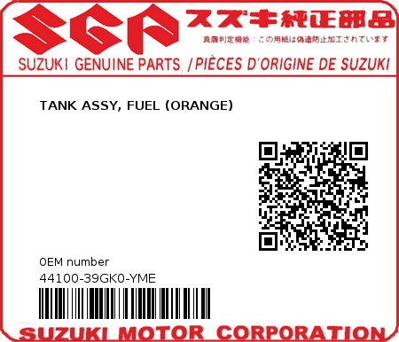 Product image: Suzuki - 44100-39GK0-YME - TANK ASSY, FUEL (ORANGE)  0