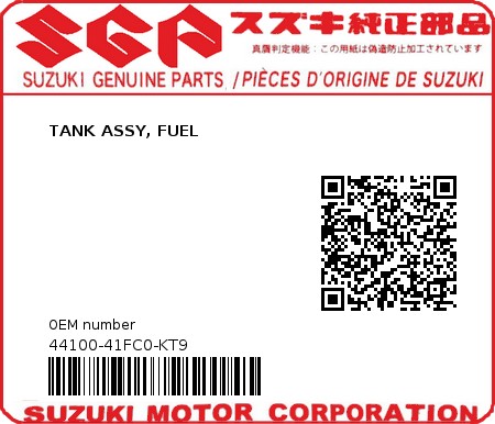 Product image: Suzuki - 44100-41FC0-KT9 - TANK ASSY, FUEL  0