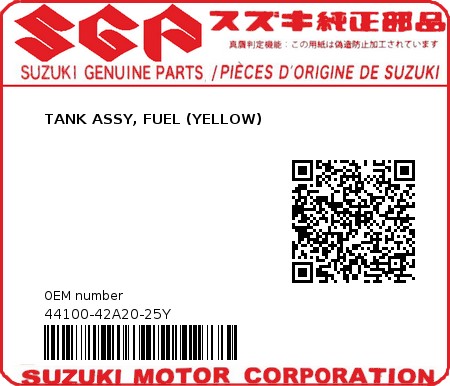 Product image: Suzuki - 44100-42A20-25Y - TANK ASSY, FUEL (YELLOW)  0