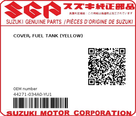 Product image: Suzuki - 44271-034A0-YU1 - COVER, FUEL TANK (YELLOW)  0