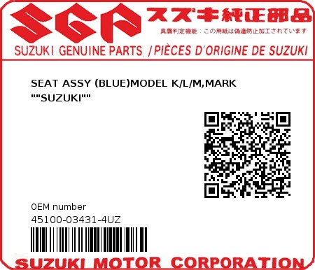 Product image: Suzuki - 45100-03431-4UZ - SEAT ASSY (BLUE)	MODEL K/L/M,MARK ""SUZUKI""  0