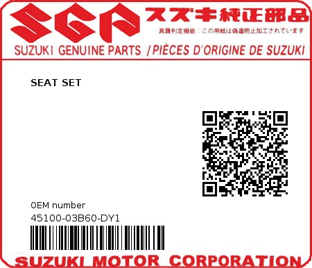 Product image: Suzuki - 45100-03B60-DY1 - SEAT SET  0
