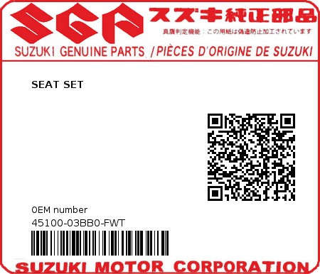 Product image: Suzuki - 45100-03BB0-FWT - SEAT SET  0