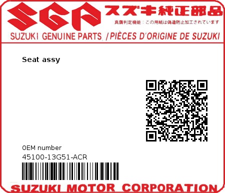 Product image: Suzuki - 45100-13G51-ACR - Seat assy  0
