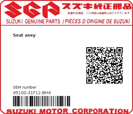 Product image: Suzuki - 45100-31F12-BH4 - Seat assy  0