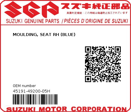 Product image: Suzuki - 45191-49200-05H - MOULDING, SEAT RH (BLUE)          0